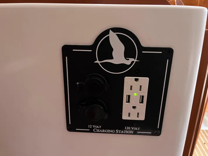  Yacht Photos Pics Charging station on 2016 Back Cove 34 Express boat with 12V and 120V outlets.
