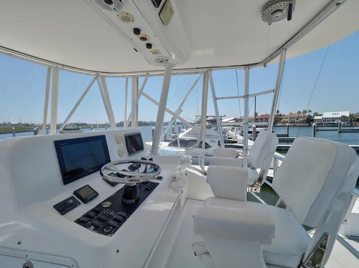 Tight Seal Yacht Photos Pics 2005 Luhrs 41 Convertible yacht helm station with navigation equipment and marina view.