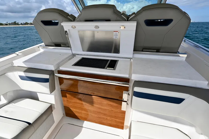 S.y. Royale Yacht Photos Pics 2023 Tiara Sport 38 LS boat interior with sleek seating and modern amenities.
