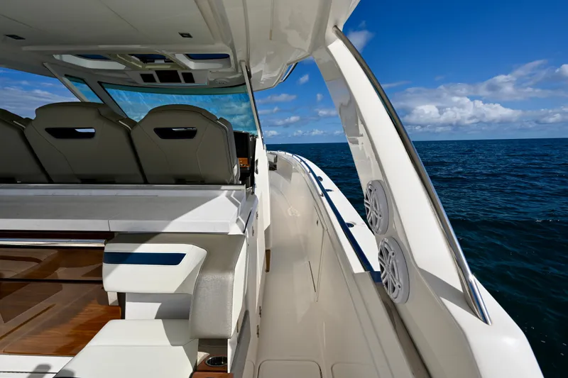 S.y. Royale Yacht Photos Pics 2023 Tiara Sport 38 LS luxury yacht interior with ocean view.