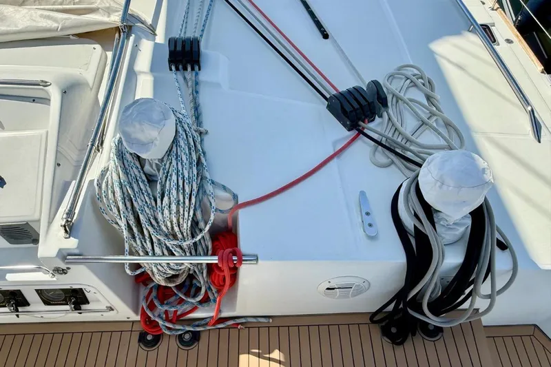  Yacht Photos Pics Deck of 2011 Lagoon LAGOON 500 with neatly coiled ropes and winches.