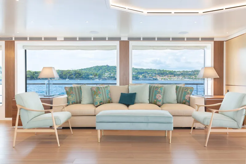 Miss Candy Yacht Photos Pics Luxurious Versilcraft HS 2022 yacht interior with elegant seating and scenic ocean view.