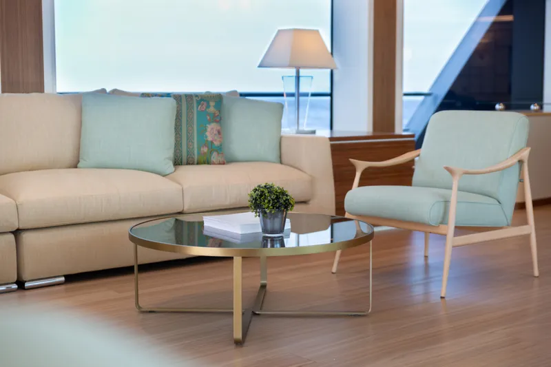 Miss Candy Yacht Photos Pics Luxurious Versilcraft HS 2022 yacht interior with elegant seating and modern decor.