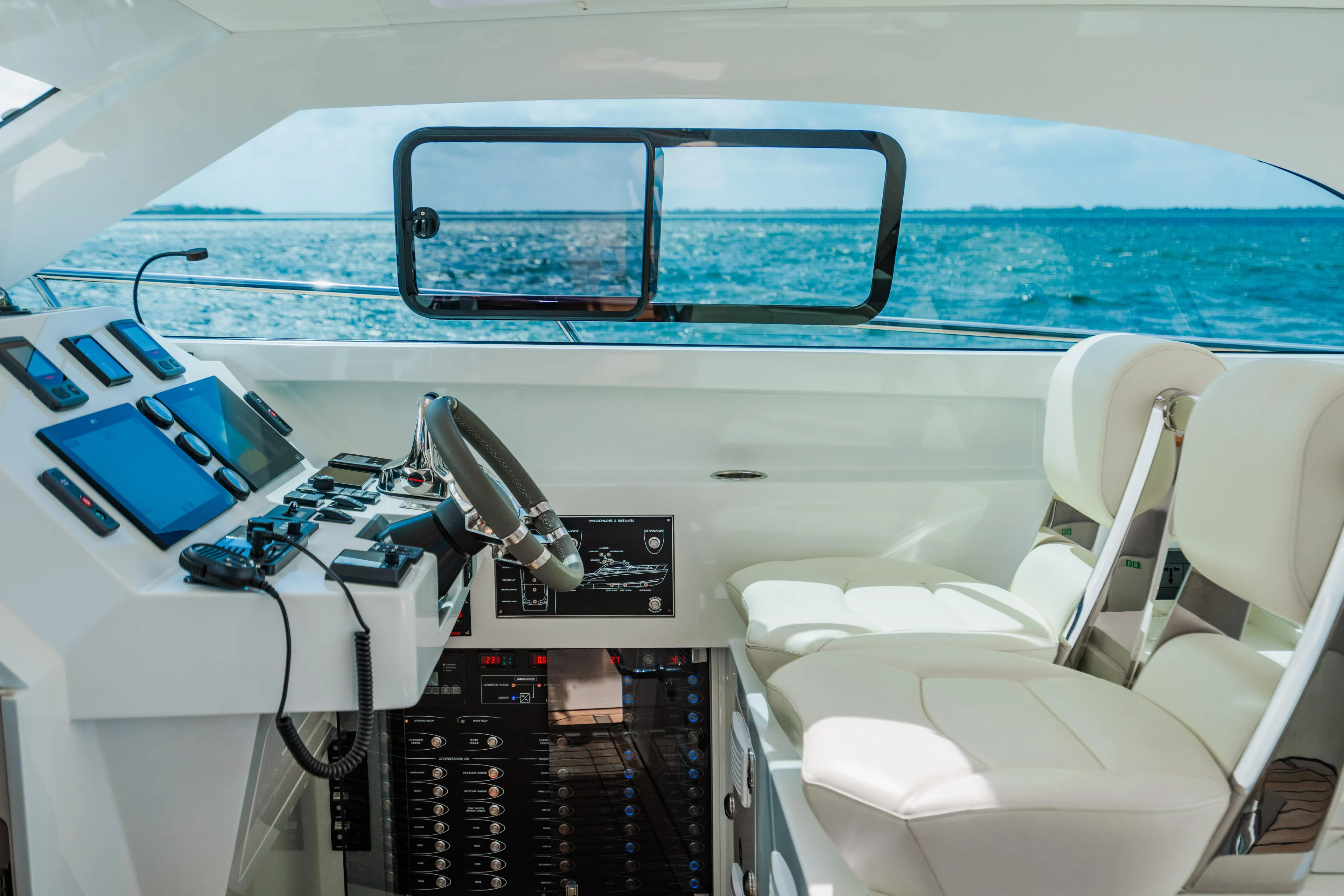 Mojo Yacht Photos Pics Interior cockpit of 2022 Anka 45 Coupe Cruiser with ocean view.