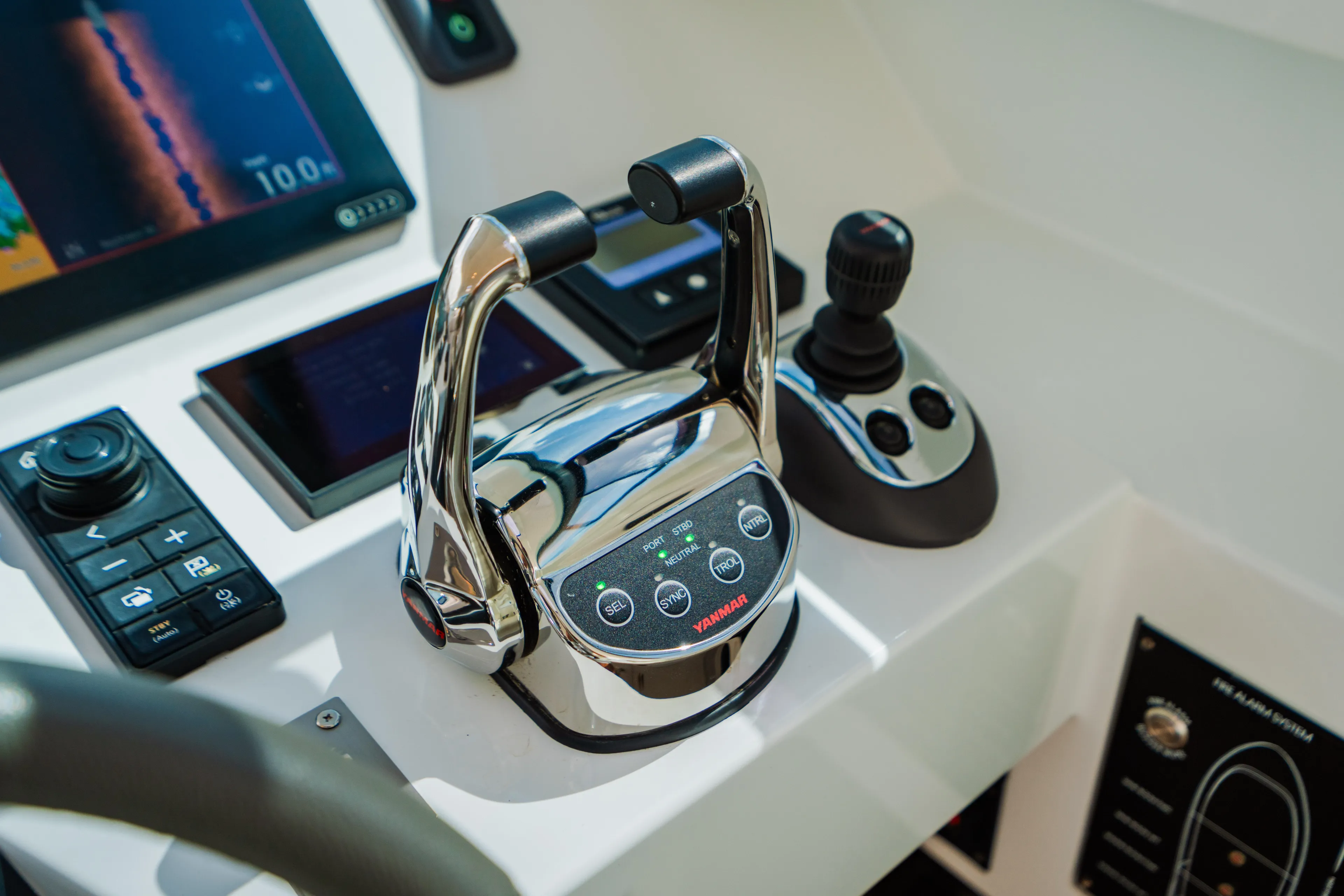 Mojo Yacht Photos Pics Control panel of 2022 Anka 45 Coupe Cruiser with throttle and joystick.