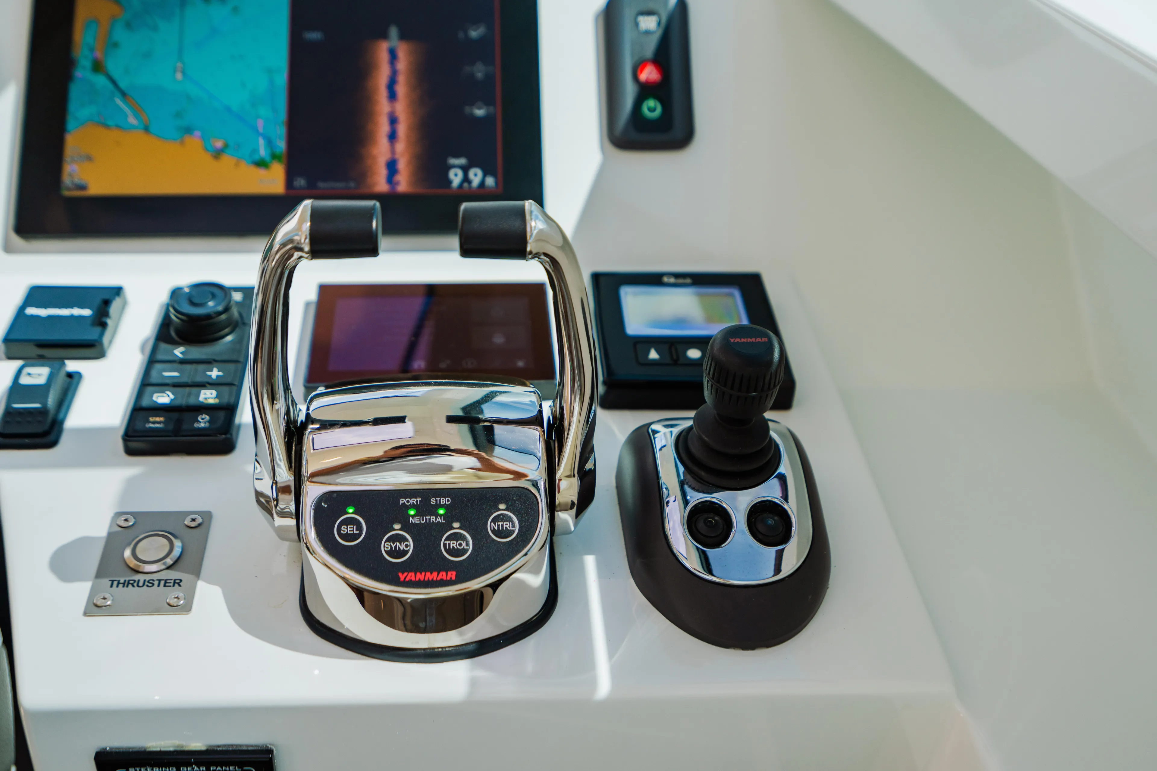 Mojo Yacht Photos Pics Control panel of 2022 Anka 45 Coupe Cruiser with navigation and throttle controls.