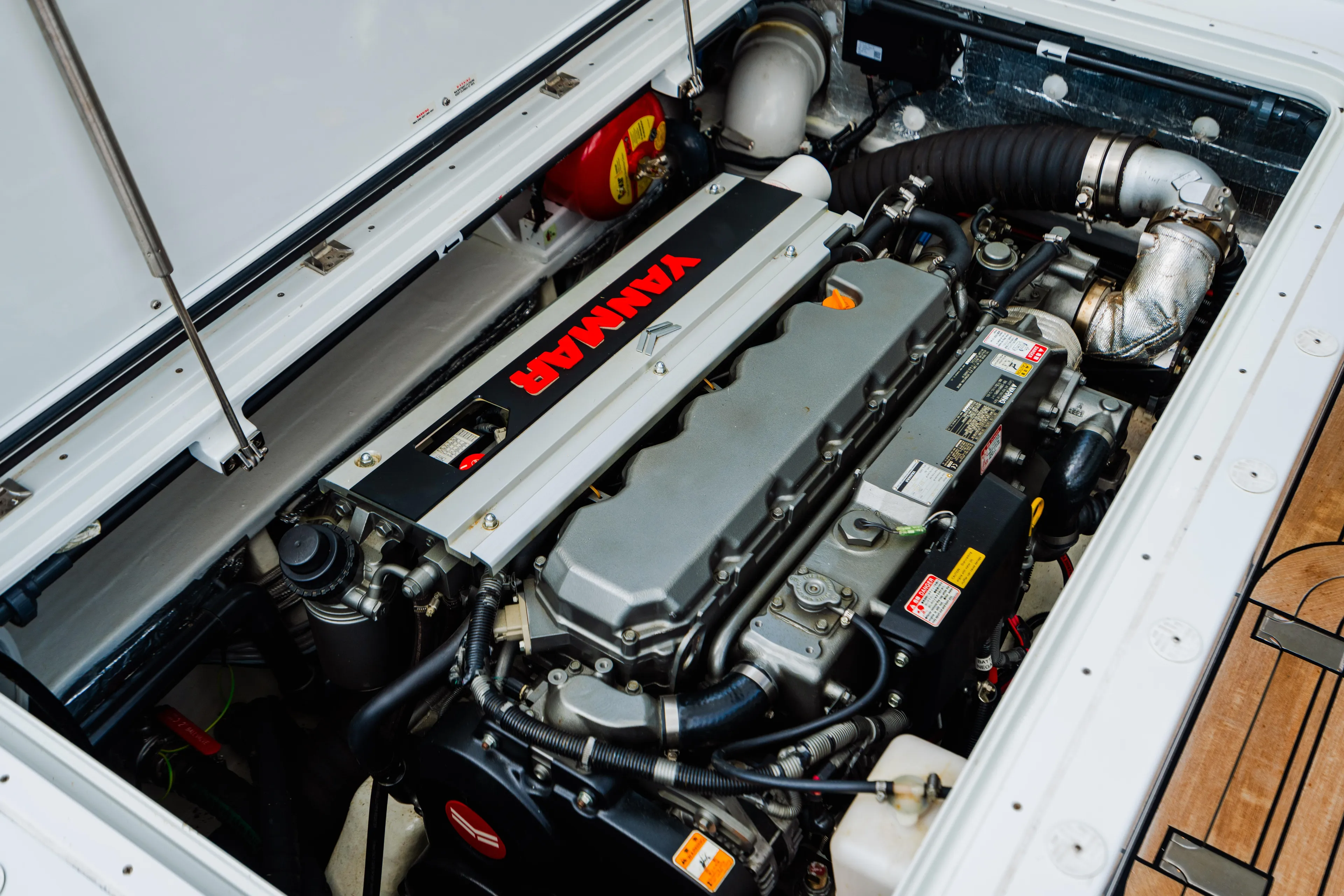 Mojo Yacht Photos Pics Engine compartment of a 2022 Anka 45 Coupe Cruiser boat.