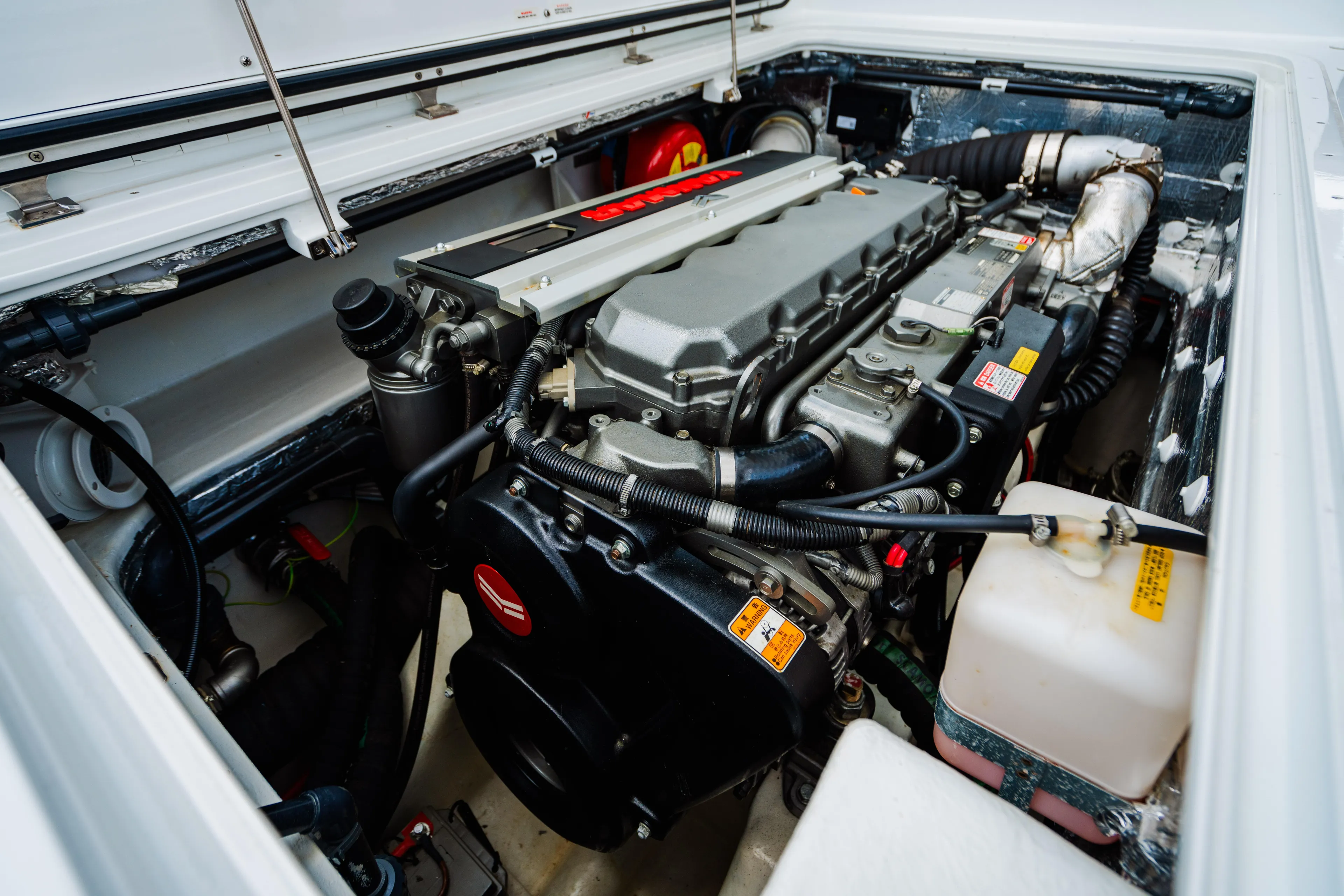 Mojo Yacht Photos Pics Engine compartment of a 2022 Anka 45 Coupe Cruiser boat.