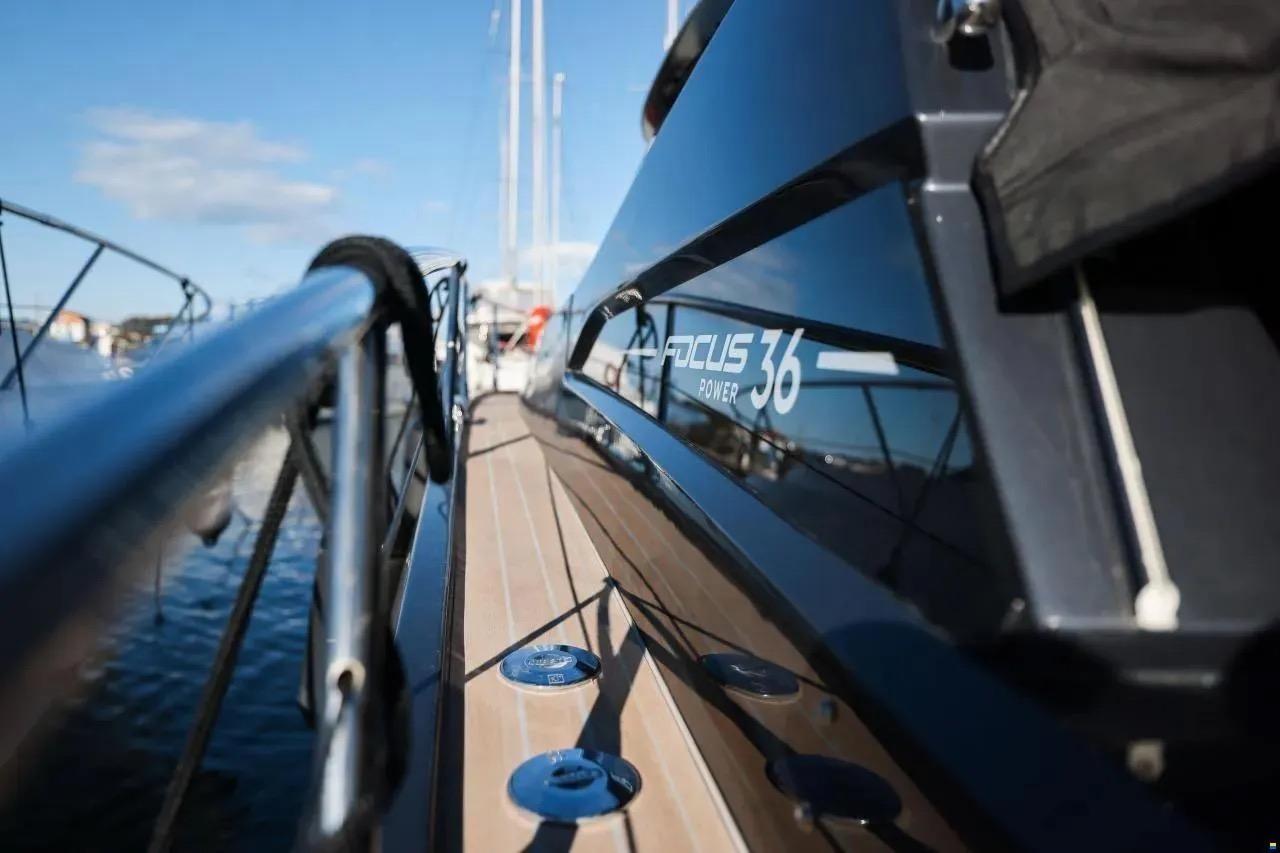2023 Focus Power 36 yacht, sleek design, docked on a sunny day.