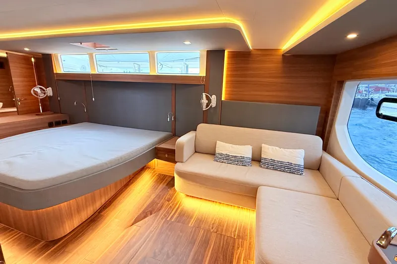  Yacht Photos Pics Luxurious interior of 2025 Aquila 50 Yacht with modern design and ambient lighting.