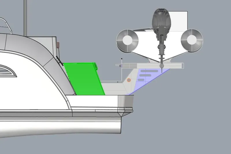 Mazarin 55 Evo II - New Model Release Yacht Photos Pics 2026 Mazarin 55 Evo II Catamaran design with outboard motor detail.