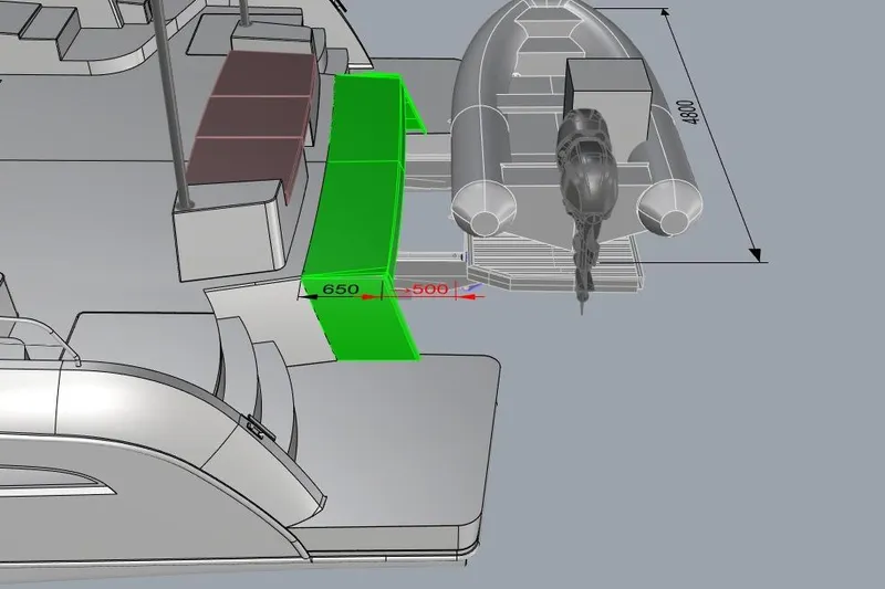 Mazarin 55 Evo II - New Model Release Yacht Photos Pics Mazarin 55 Evo II Catamaran design with detailed measurements, featuring a small boat.
