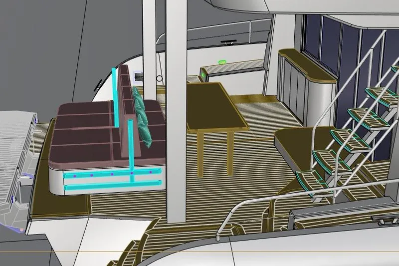 Mazarin 55 Evo II - New Model Release Yacht Photos Pics Interior design of 2026 Mazarin 55 Evo II catamaran, featuring modern seating and sleek staircase.