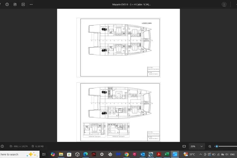 Mazarin 55 Evo II - New Model Release Yacht Photos Pics Blueprint of 2026 Mazarin 55 Evo II Catamaran, showcasing detailed cabin layout.