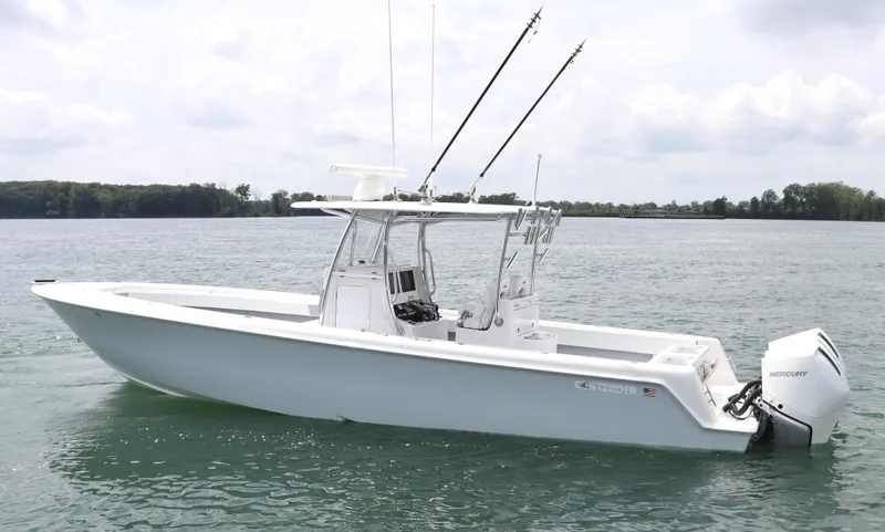  Yacht Photos Pics 2022 Contender 35 ST boat on calm water, featuring dual Mercury engines.