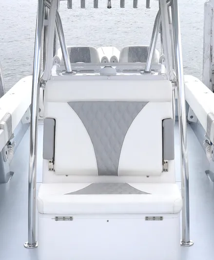  Yacht Photos Pics 2022 Contender 35 ST boat interior with white and gray seating, sleek design.