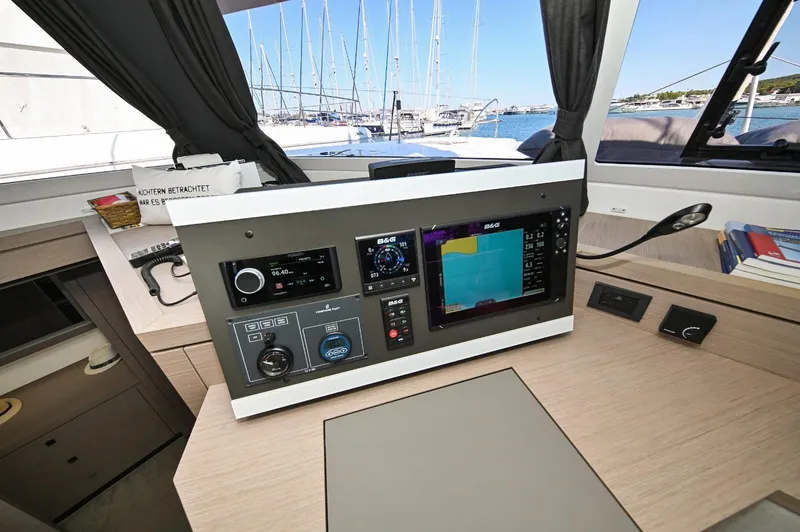 Pandora Yacht Photos Pics Control panel of 2019 Fountaine Pajot Saona 47 catamaran with navigation equipment.