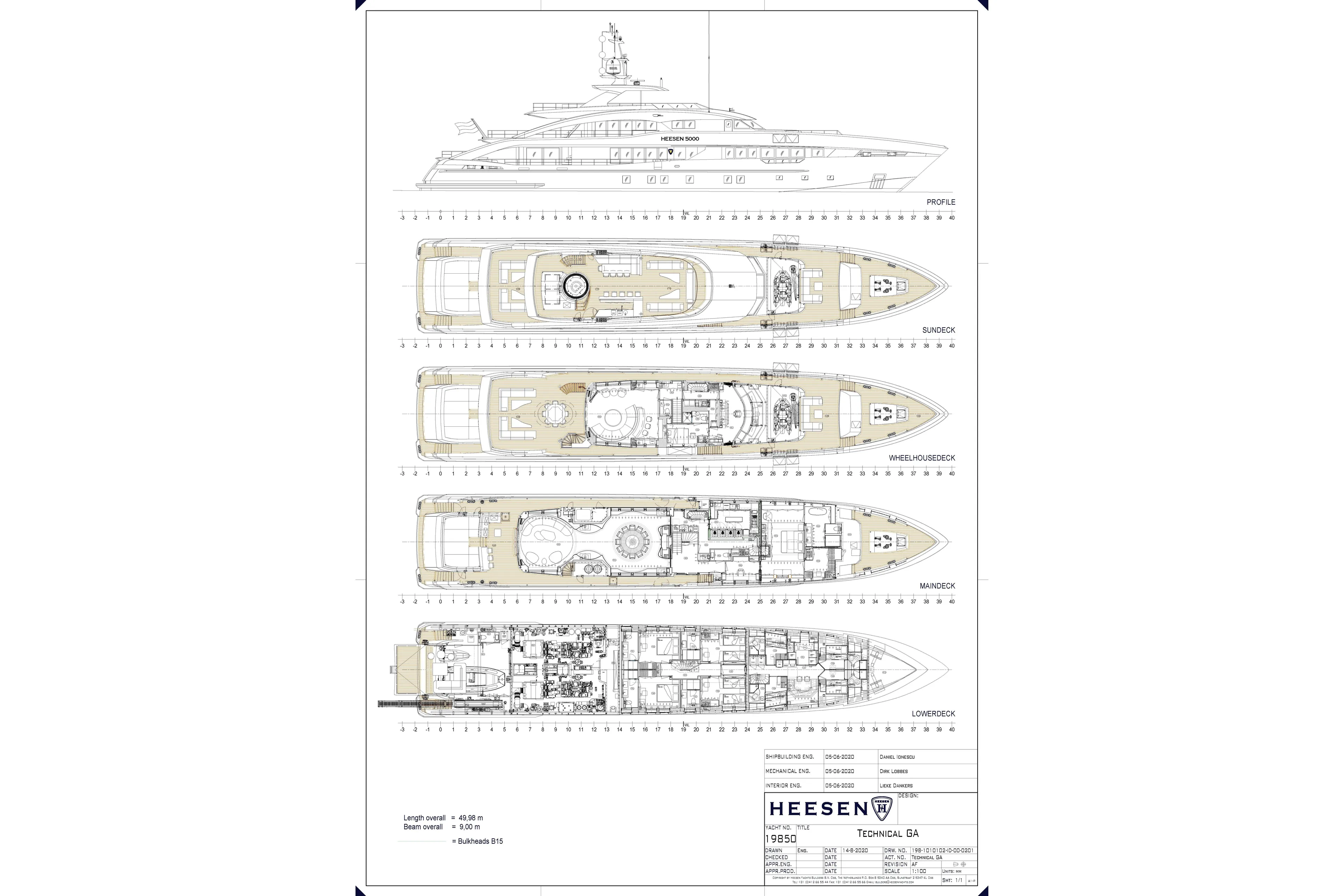 Book Ends Yacht Photos Pics Blueprint of 2022 Heesen 5000 yacht, showcasing profile and deck layouts.