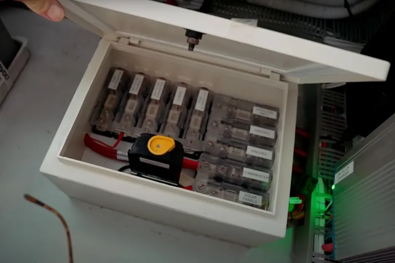 Ruby Rose 2 Yacht Photos Pics Electrical panel inside 2023 Seawind 1370 yacht, featuring labeled fuses and wiring.