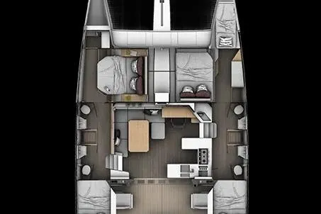 Ruby Rose 2 Yacht Photos Pics 2023 Seawind 1370 catamaran interior layout with bedrooms, kitchen, and living area.