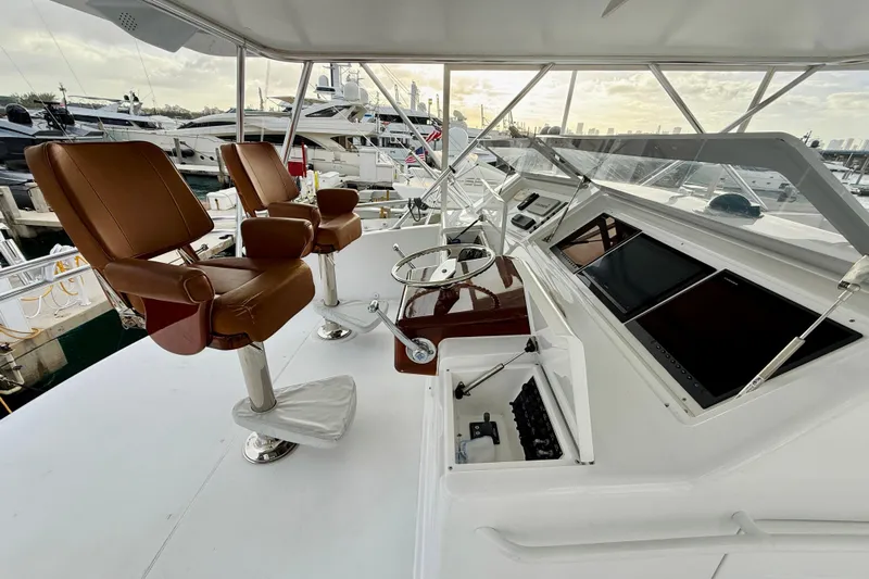 Kickback Yacht Photos Pics 2004 Viking 65 Convertible yacht helm with leather seats and navigation displays.