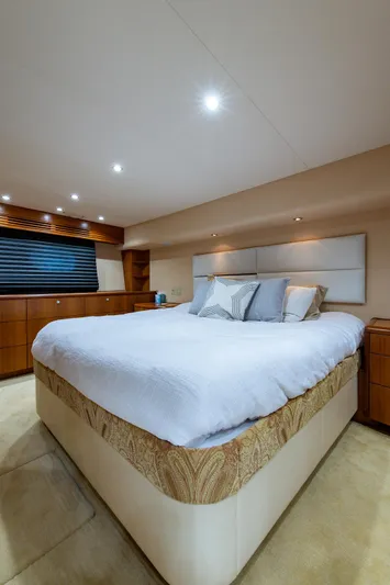  Yacht Photos Pics Luxurious bedroom interior of 2006 Hatteras 64 Convertible yacht with modern decor.