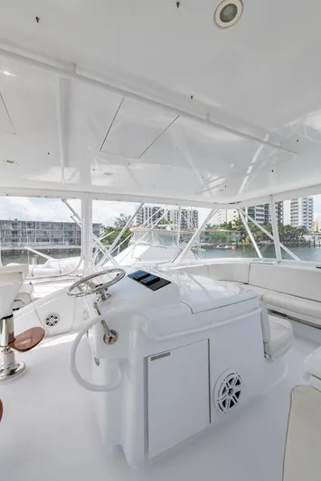  Yacht Photos Pics Interior of 2006 Hatteras 64 Convertible yacht, featuring sleek white design and modern controls.