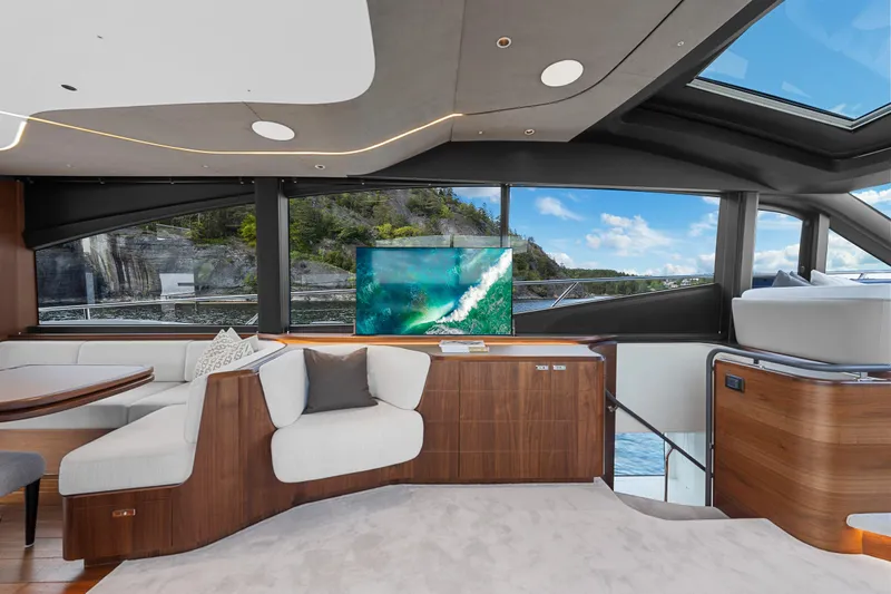 S72515 Yacht Photos Pics Luxurious interior of 2023 Princess S72 yacht with panoramic windows and modern furnishings.