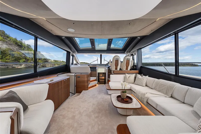 S72515 Yacht Photos Pics Luxurious interior of 2023 Princess S72 yacht with panoramic windows and elegant seating.