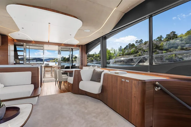 S72515 Yacht Photos Pics Luxurious interior of 2023 Princess S72 yacht with modern design and scenic views.
