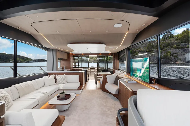 S72515 Yacht Photos Pics Luxurious interior of 2023 Princess S72 yacht with modern furnishings and panoramic windows.