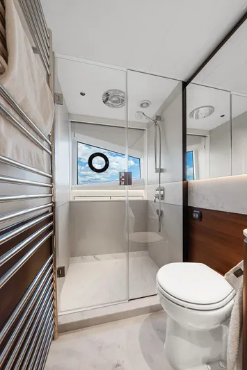 S72515 Yacht Photos Pics Luxurious bathroom in 2023 Princess S72 yacht with modern shower and toilet.