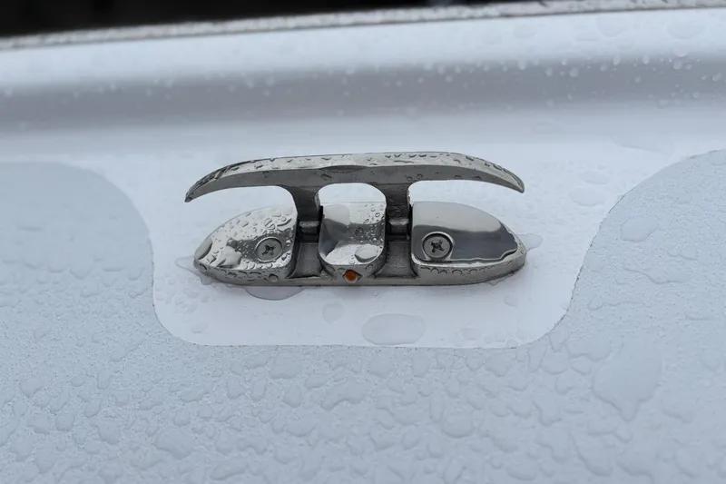  Yacht Photos Pics Stainless steel boat cleat on wet surface, Weaver 270, 2025 model.