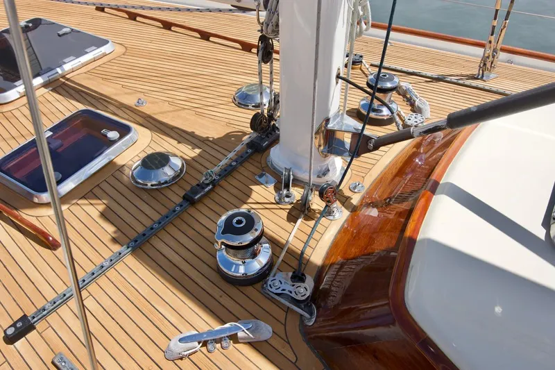 Volunteer Yacht Photos Pics Deck of 1996 Custom Bruckmann Yacht with winches and rigging details.