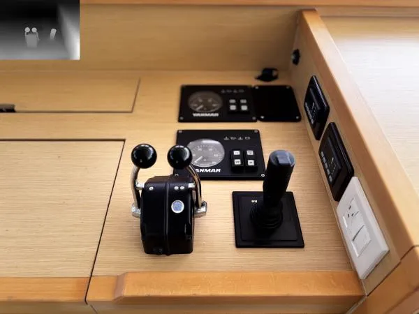 Sea Serenity Yacht Photos Pics Control panel of a 2012 Lagoon 560 yacht with throttle and joystick.