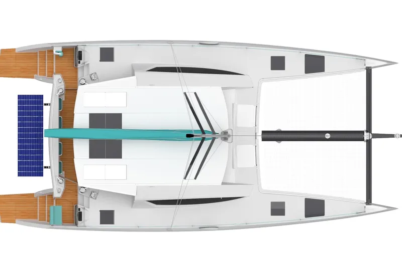 Aurora Yacht Photos Pics Top view of 2025 C-Catamarans 48 with solar panels and spacious deck layout.