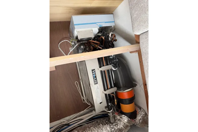 Aurora Yacht Photos Pics Electrical components inside a 2025 C-Catamarans 48, showcasing wiring and equipment.