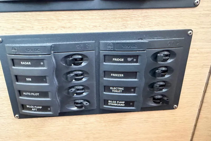 Aurora Yacht Photos Pics Control panel on 2025 C-Catamarans 48, featuring switches for radar, fridge, and more.