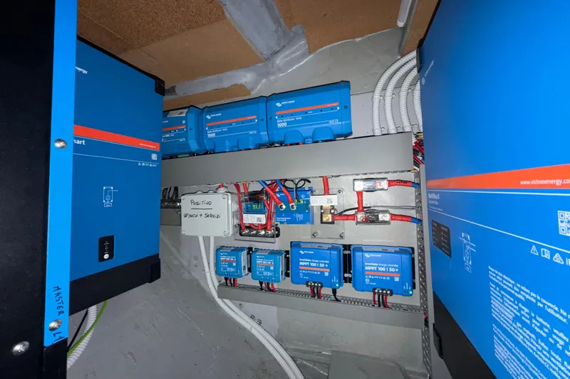 Aurora Yacht Photos Pics Electrical system of a 2025 C-Catamarans 48, featuring Victron Energy components.