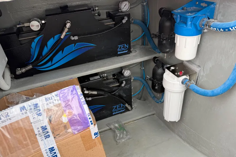 Aurora Yacht Photos Pics Engine room of 2025 C-Catamarans 48 with filtration system and equipment.