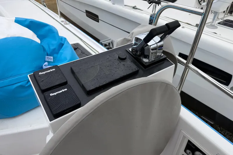 Aurora Yacht Photos Pics Control panel of 2025 C-Catamarans 48 with Raymarine equipment and throttle lever.