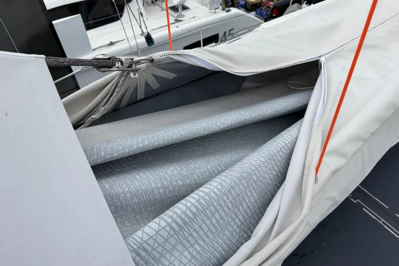 Aurora Yacht Photos Pics 2025 C-Catamarans 48 sail detail with protective cover and rigging.