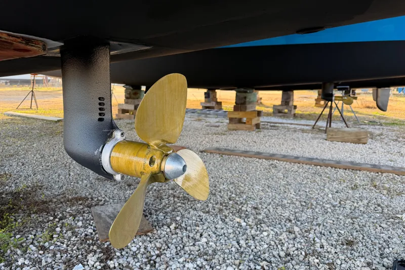 Aurora Yacht Photos Pics Propeller of 2025 C-Catamarans 48 on dry dock, showcasing marine engineering.