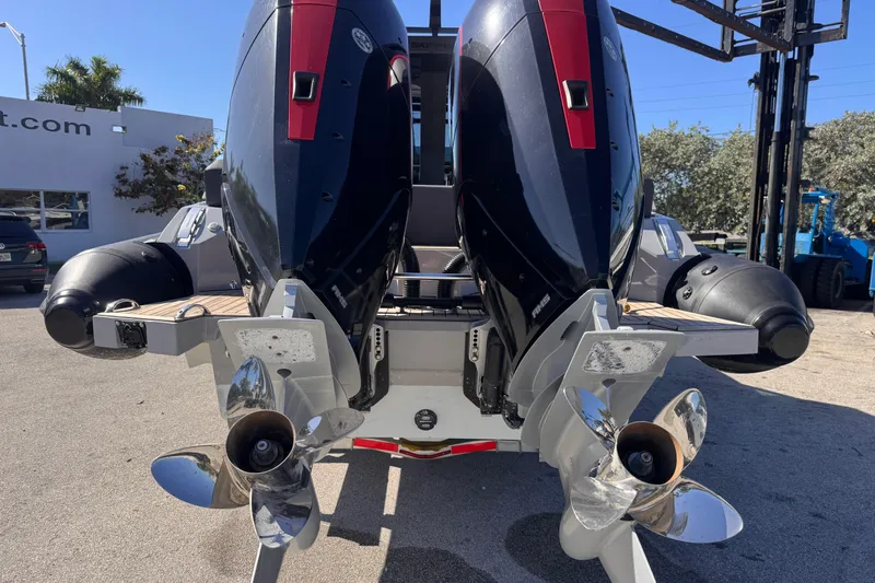 Yacht Photos Pics Twin outboard engines on a 2025 Skipper-BSK 38NC boat, showcasing propellers.