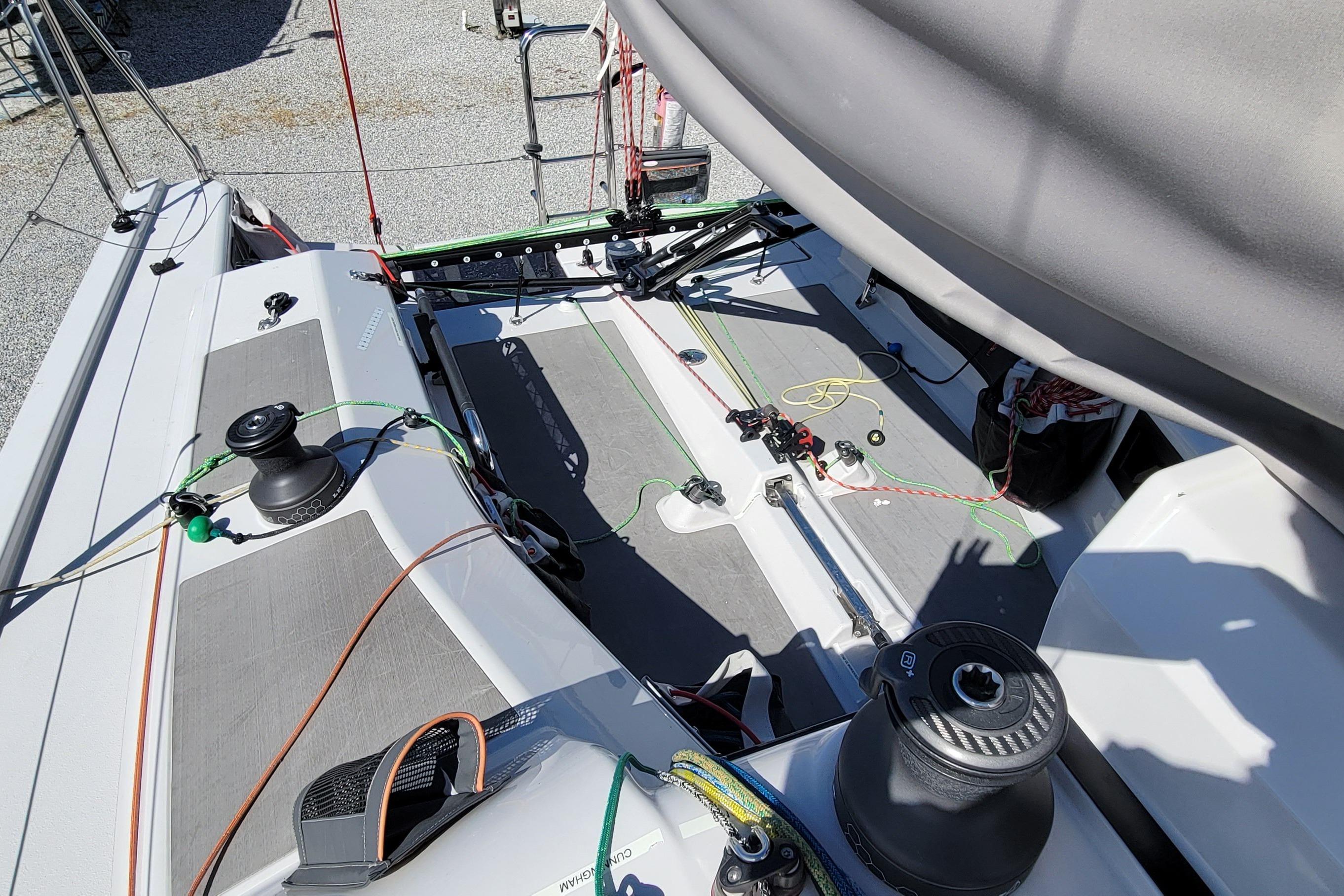 2020 Dehler 30 OD sailboat deck with winches and rigging details.