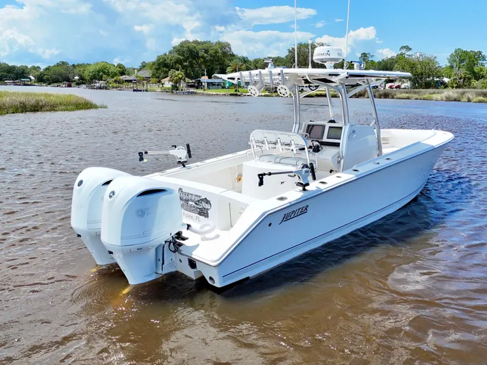  Yacht Photos Pics 2013 Jupiter 30 FS boat with dual engines on a calm river.