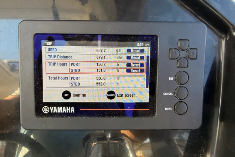  Yacht Photos Pics Yamaha display showing trip data on a 2020 Jeanneau NC 895 boat.