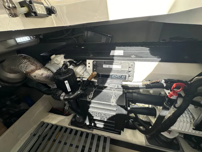 Aeronautical Yacht Photos Pics Engine compartment of 2022 Tiara Yachts C39 Coupe, showcasing mechanical components and wiring.
