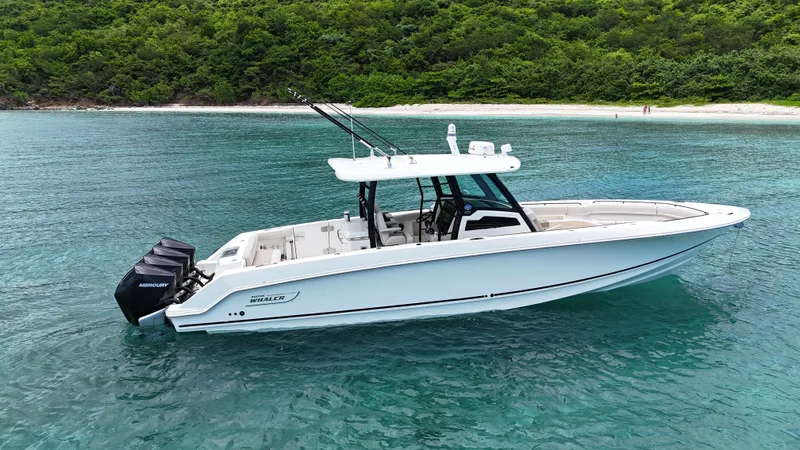  Yacht Photos Pics 2020 Boston Whaler 380 Outrage boat on clear blue water near lush green shoreline.