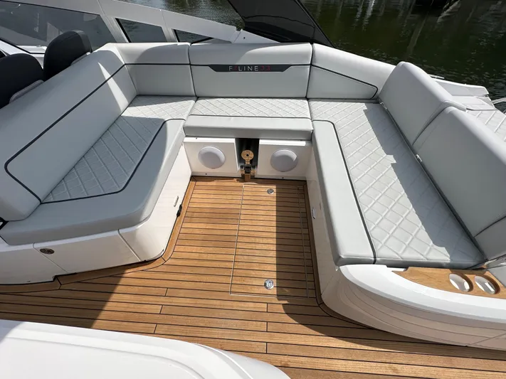 '23 Fairline Fline 33 Ob Yacht Photos Pics 2023 Fairline F//Line 33 Outboard boat with luxurious seating and teak deck.
